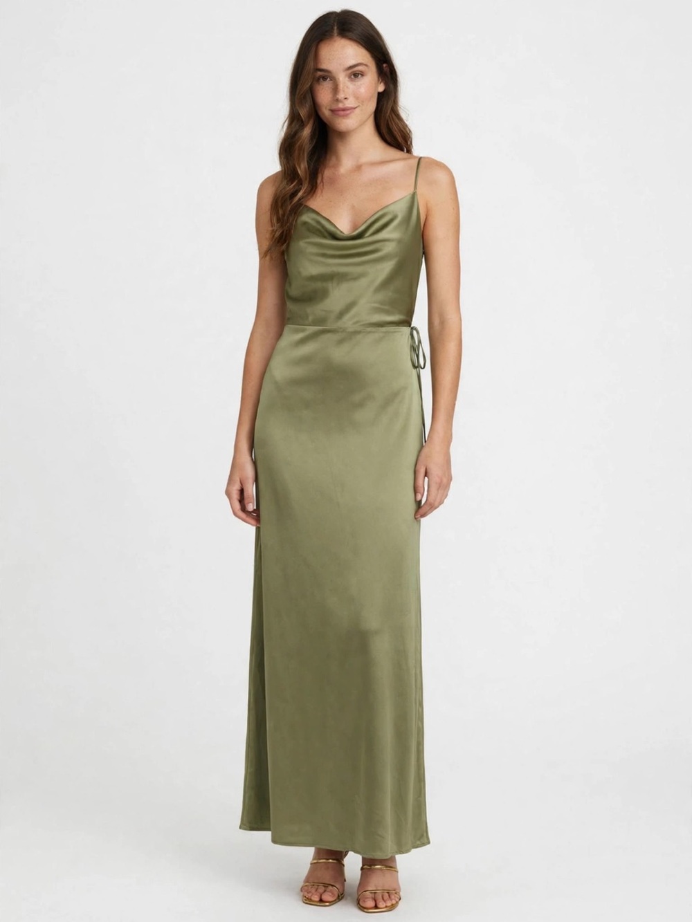 Satin Olive Green Slip Maxi Dress with Cowl Neck